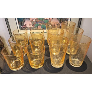 Hand Blown Mexican Bubble Seeded Amber Glasses Set 12 (6@18 oz & 6@12 oz)